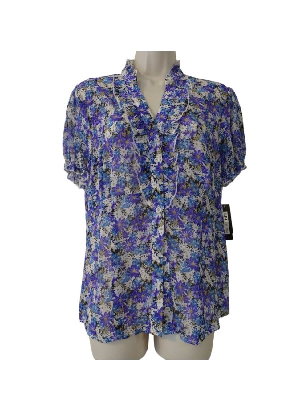 IN Studio Purple Floral Ruffle Sheer Button Up Blouse Short Sleeve Size XL NEW